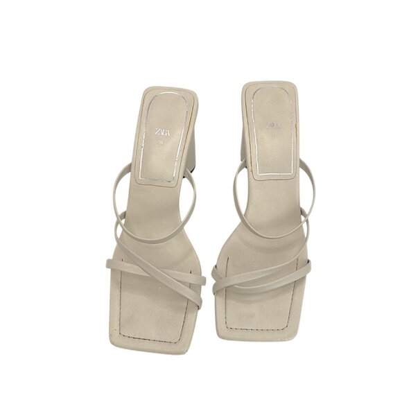 ZARA Y2K Strappy Square Toe Block Heel Sandals Ivory Size 39 (US 8) - Picture 1 of 8